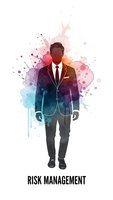 Professional businessman silhouette with colorful watercolor splash effect and risk management text for corporate presentations and business concepts.