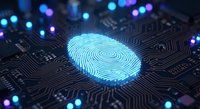 Digital fingerprint scan on circuit board with glowing blue lights for cybersecurity and biometric authentication technology concepts.