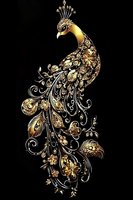 Ornate golden peacock with intricate floral patterns and swirls adorned with gemstones on black background, luxury jewelry art style design for fashion and decor.