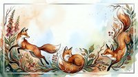 Watercolor foxes playing among autumn wildflowers and foliage, soft pastel border frame with copy space for greeting cards and prints.