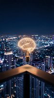 Human hands holding glowing brain lightbulb with circuit patterns over illuminated city skyline at night representing innovation and smart technology solutions.