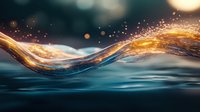 Magical water wave with glowing golden light trails and splashing droplets against dark blue ocean background, creating dynamic flowing motion effect.