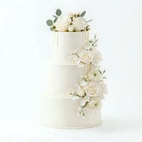 Elegant three-tier wedding cake with cream fondant, pearl beading details, and fresh white roses with eucalyptus greenery. Perfect for wedding planning, bakery marketing, and celebration design projects.