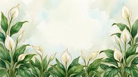 Elegant peace lily flowers with lush green foliage creating natural botanical border frame on soft watercolor background for spring decor and wellness themes.