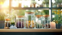 Glass jars with dried herbs, flowers and spices on wooden windowsill at sunset, aromatic botanical collection for natural medicine and cooking.