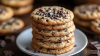Fresh baked chocolate chip cookies stacked on white plate, golden brown with melty chips, crispy edges and soft centers, selective focus on cookie stack.