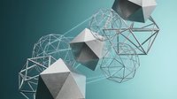 Abstract geometric composition with wireframe spheres and white polygonal shapes connected by glowing lines on gradient teal background for modern design.