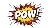 Comic book style POW explosion burst with red yellow colors and halftone dots on white background for graphic design projects and pop art illustrations.