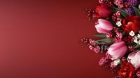Romantic floral arrangement with red and pink tulips, small white flowers and berries on burgundy background, corner composition with copy space for text.
