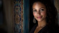 Young woman with long dark wavy hair and medium skin tone wearing ornate teardrop earrings, posed against decorative blue and gold patterned wall for portrait photography.