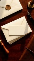 Elegant cream envelopes with wax seal and fountain pen on wooden desk for luxury correspondence and formal letter writing.
