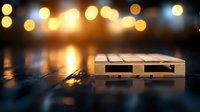 Wooden pallet on reflective surface with blurred golden bokeh lights in background creating atmospheric mood for product photography and design layouts.