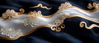 Elegant swirling cloud pattern in gold and silver on dark background creates flowing oriental design motif. Decorative Asian style waves form continuous pattern.