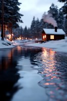 Cozy wooden cabin with glowing windows reflects in partially frozen lake at dusk, surrounded by snow-covered pine forest creating magical winter atmosphere.