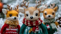 Adorable knitted reindeer toys with festive sweaters and scarves create cozy Christmas holiday decoration for seasonal crafts and winter celebrations.