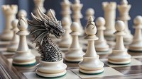 Fantasy dragon chess piece on wooden board with traditional pawns, symbolizing strategy and mythical gameplay in competitive board games.