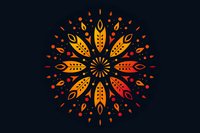 Decorative mandala pattern with wheat ears in warm orange and red gradient forming circular ornament on dark background. Stylized agricultural harvest symbol.