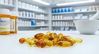Golden vitamin capsules and pills scattered on pharmacy counter with blurred medicine shelves and mortar pestle in background for healthcare supplements.