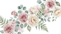 Soft pink and cream roses with eucalyptus and fern leaves arranged on white background, isolated botanical arrangement for wedding invitations, greeting cards, and design projects.