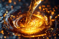 Golden liquid stream pouring into swirling vortex with splashing droplets and bokeh light effects, creating dramatic spiral motion on dark background.