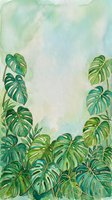 Watercolor painting of tropical split-leaf philodendron plants with green foliage arranged at bottom, isolated on soft pastel background. Suitable for botanical designs and home decor.