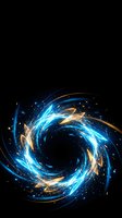 Glowing blue and gold energy spiral vortex with sparkling particles on black background for digital art and cosmic designs.
