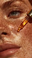 Close-up of person with freckles applying golden facial serum with dropper, showcasing skincare routine and natural beauty.