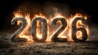 Burning numbers 2026 with flames and sparks on dark background, dramatic lighting effect for New Year celebration or future concept.