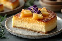 Caramelized pineapple cheesecake slice on ceramic plate garnished with fresh lavender and fruit pieces, showcasing golden-brown topping and creamy texture.