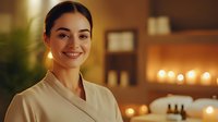 Young Asian woman spa therapist smiling in wellness center with candles and warm lighting for relaxation massage therapy treatments.