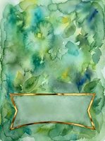 Watercolor foliage background with empty banner space for text overlay. Soft green, yellow, and blue tones create organic leaf shapes. Suitable for invitations, greeting cards, and design projects.