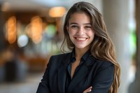 Young successful businesswoman with beautiful smile wearing black blazer in modern office interior. Perfect for corporate, leadership, and professional success concepts.