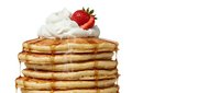 Stack of golden pancakes with whipped cream and fresh strawberry on top, drizzled with maple syrup for breakfast menu and food advertising.