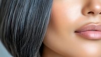 Close up portrait of young Asian woman with black straight hair, natural nude makeup and perfect glowing skin showing half face against blue background.