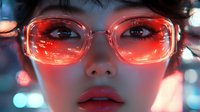 Young Asian woman wearing transparent glasses with red neon reflection, dramatic lighting and bokeh background creates futuristic cyberpunk mood.