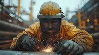Industrial welder in protective gear and yellow coveralls working with metal, creating bright sparks during welding process at construction site in evening light.