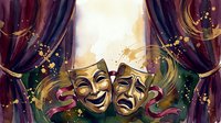 Theatrical comedy and tragedy masks with golden finish surrounded by burgundy velvet curtains, sparkles, and stage lighting for performing arts, entertainment, and drama productions.
