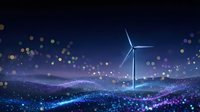 Modern wind turbine generating clean renewable energy against starry night sky with glowing bokeh lights and digital particle effects for sustainability concepts.