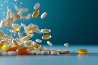 Various pills and supplements scattered in dynamic motion against turquoise background, capturing pharmaceutical products in artistic macro photography.