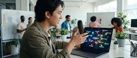 Young Asian male professional presenting data visualization on laptop screen to diverse team in modern office environment, suitable for business, technology, and corporate communications.