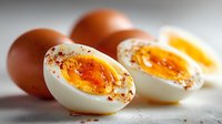 Fresh boiled eggs with runny orange yolks cut in half, seasoned with spices on white surface. Healthy protein breakfast ingredient for cooking recipes.