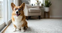 Happy corgi dog wearing glasses sitting on floor in modern living room interior with natural light from window for pet care and home lifestyle concepts.