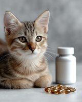 Young tabby cat looking at vitamin supplements and fish oil capsules on table. Pet healthcare and veterinary medicine concept for animal wellness.