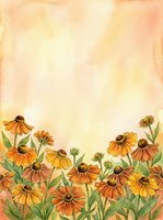 Watercolor autumn flowers border with orange and yellow blooms on warm golden background, copy space for text, greeting card or poster.