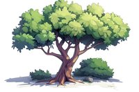 Lush green tree with twisted trunk and broad canopy casting shadow on ground, illustrated in cartoon style for environmental or nature themes.