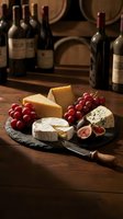 Assorted cheeses with red grapes and figs on slate board, wine bottles and wooden barrels in background, perfect for wine tasting, culinary, food and beverage, entertaining, and gourmet content.