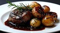 Grilled beef steak with roasted potatoes and rosemary in rich sauce on white plate. Gourmet restaurant meal ready for fine dining presentation.