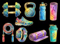 Colorful fitness and gym equipment set isolated on transparent background, ready for t-shirt designs, clipart, stickers, sublimation, and print-on-demand products.