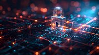 Digital padlock glowing on circuit board with neon orange and blue lights, perfect for cybersecurity, data protection, and information technology concepts. Modern tech background with bokeh effect.