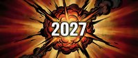 Explosive 2027 year number with dynamic burst effect and radiating energy beams on warm orange background for New Year celebrations and future concepts.